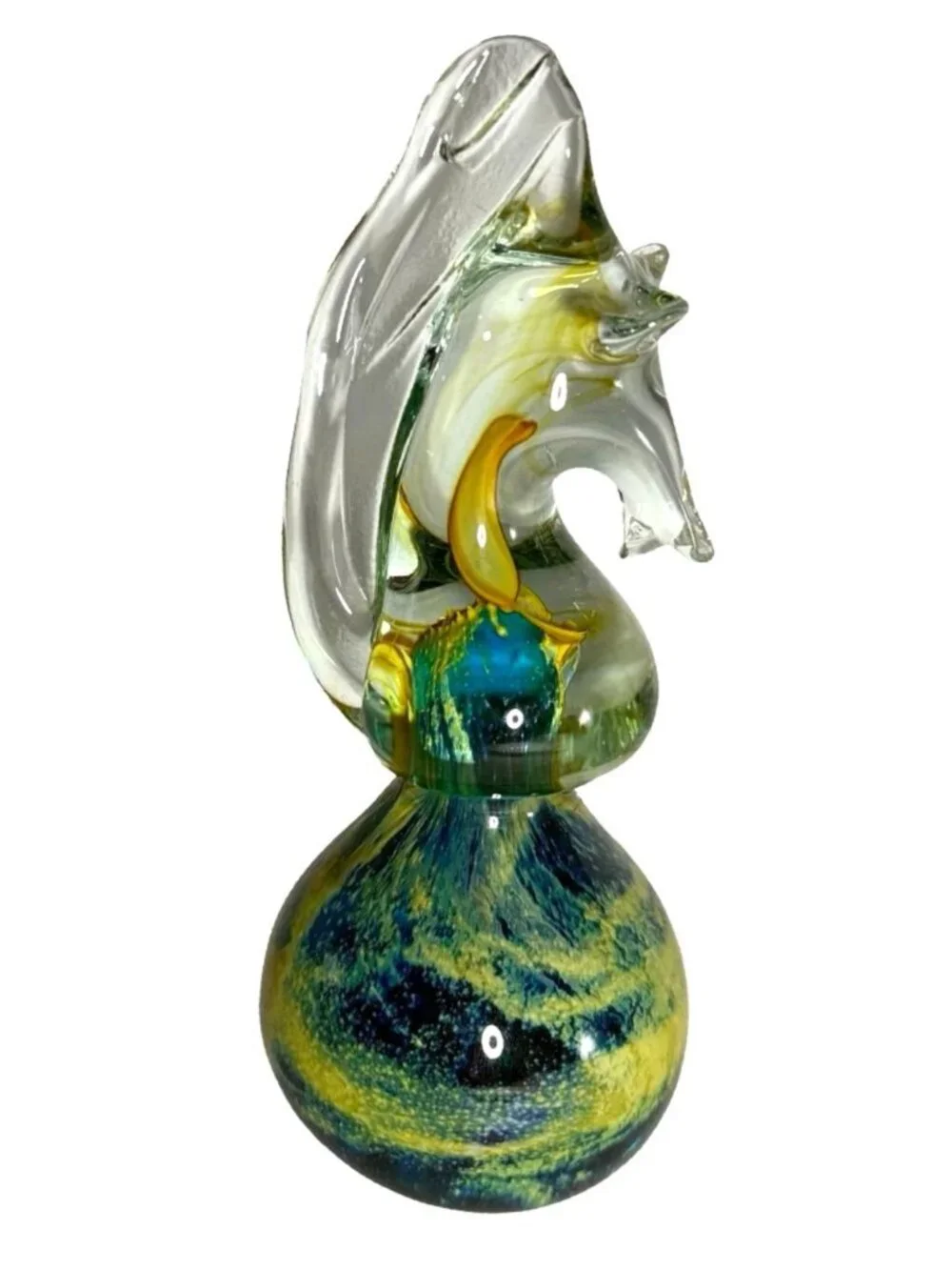 Art Glass SeaHorse Sculpture With Yellow & Blue Swirl Signed Mdina